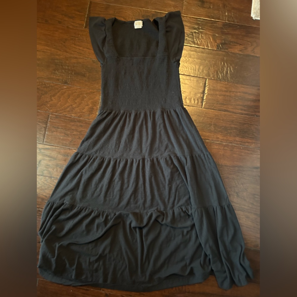 New without tags. nation ltd black tier, smocked, flutter sleeve midi